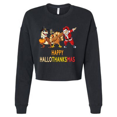 Happy Hallothanksmas Funny Halloween Thanksgiving Christmas Cropped Pullover Crew