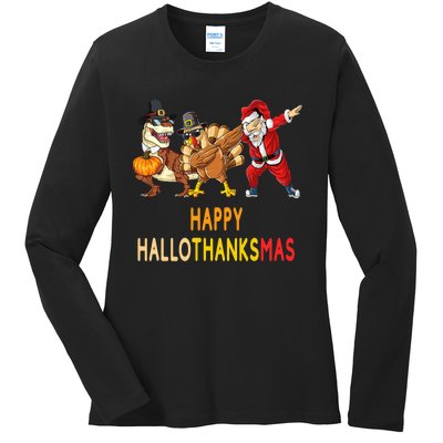 Happy Hallothanksmas Funny Halloween Thanksgiving Christmas Ladies Long Sleeve Shirt