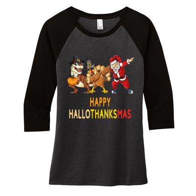 Happy Hallothanksmas Funny Halloween Thanksgiving Christmas Women's Tri-Blend 3/4-Sleeve Raglan Shirt