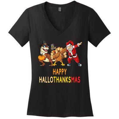 Happy Hallothanksmas Funny Halloween Thanksgiving Christmas Women's V-Neck T-Shirt