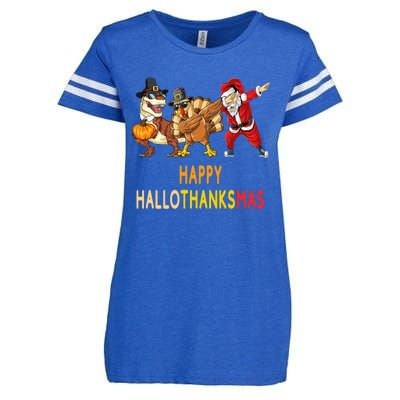 Happy Hallothanksmas Funny Halloween Thanksgiving Christmas Enza Ladies Jersey Football T-Shirt