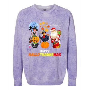 Happy Hallothanksmas Funny Halloween Thanksgiving Christmas Colorblast Crewneck Sweatshirt