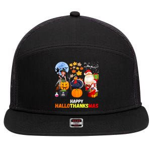 Happy Hallothanksmas Funny Halloween Thanksgiving Christmas 7 Panel Mesh Trucker Snapback Hat