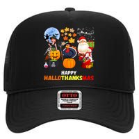 Happy Hallothanksmas Funny Halloween Thanksgiving Christmas High Crown Mesh Back Trucker Hat