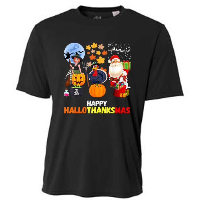 Happy Hallothanksmas Funny Halloween Thanksgiving Christmas Cooling Performance Crew T-Shirt