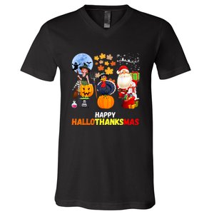 Happy Hallothanksmas Funny Halloween Thanksgiving Christmas V-Neck T-Shirt