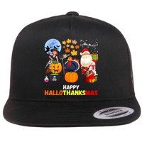 Happy Hallothanksmas Funny Halloween Thanksgiving Christmas Flat Bill Trucker Hat