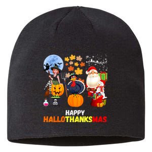 Happy Hallothanksmas Funny Halloween Thanksgiving Christmas Sustainable Beanie