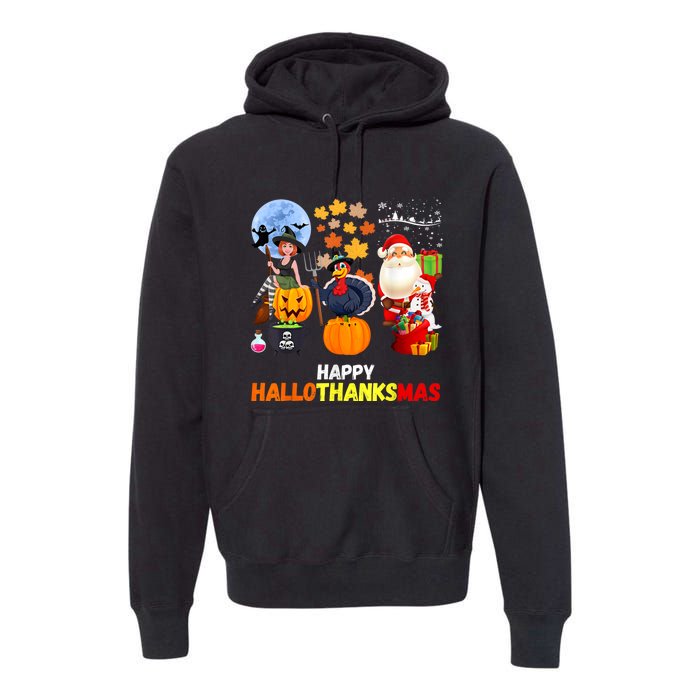 Happy Hallothanksmas Funny Halloween Thanksgiving Christmas Premium Hoodie