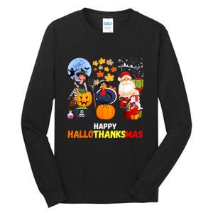 Happy Hallothanksmas Funny Halloween Thanksgiving Christmas Tall Long Sleeve T-Shirt