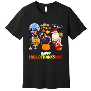 Happy Hallothanksmas Funny Halloween Thanksgiving Christmas Premium T-Shirt