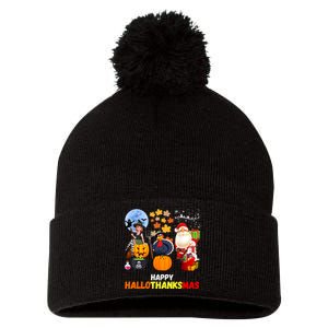 Happy Hallothanksmas Funny Halloween Thanksgiving Christmas Pom Pom 12in Knit Beanie