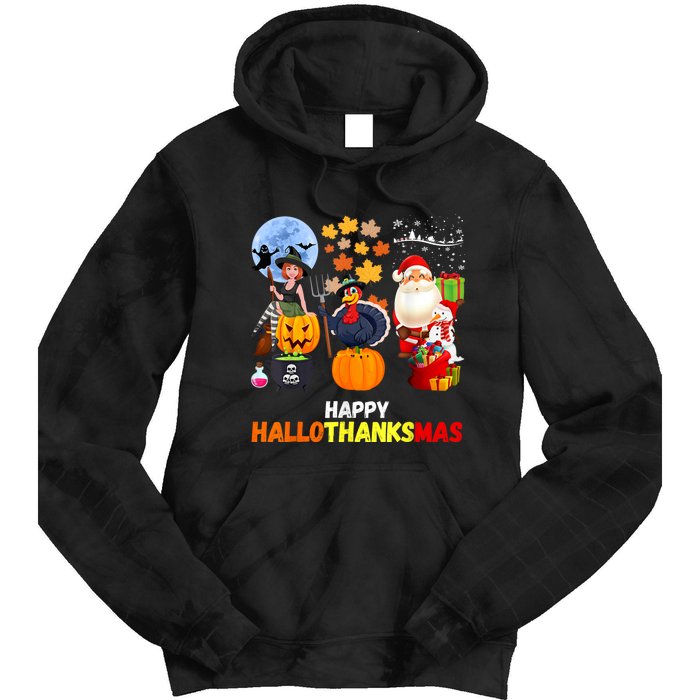 Happy Hallothanksmas Funny Halloween Thanksgiving Christmas Tie Dye Hoodie