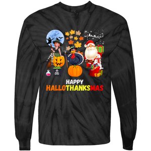 Happy Hallothanksmas Funny Halloween Thanksgiving Christmas Tie-Dye Long Sleeve Shirt