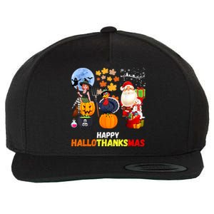 Happy Hallothanksmas Funny Halloween Thanksgiving Christmas Wool Snapback Cap