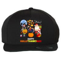 Happy Hallothanksmas Funny Halloween Thanksgiving Christmas Wool Snapback Cap