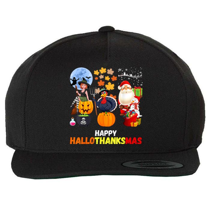 Happy Hallothanksmas Funny Halloween Thanksgiving Christmas Wool Snapback Cap