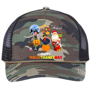 Happy Hallothanksmas Funny Halloween Thanksgiving Christmas Retro Rope Trucker Hat Cap