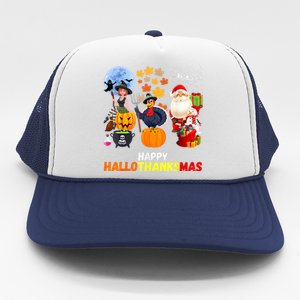 Happy Hallothanksmas Funny Halloween Thanksgiving Christmas Trucker Hat