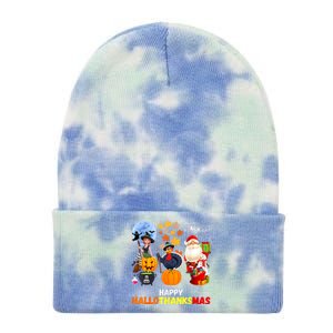 Happy Hallothanksmas Funny Halloween Thanksgiving Christmas Tie Dye 12in Knit Beanie