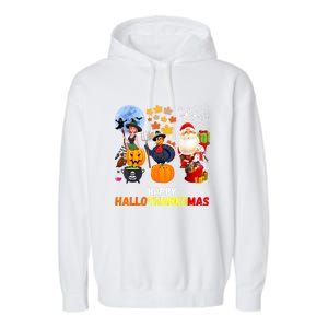 Happy Hallothanksmas Funny Halloween Thanksgiving Christmas Garment-Dyed Fleece Hoodie