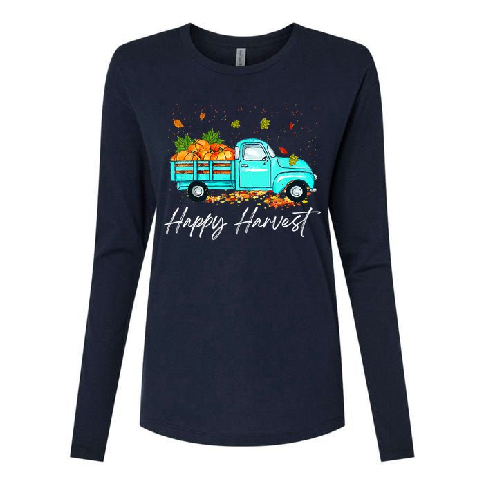 Happy Harvest Fall Season Pumpkin Truck Thanksgiving Vintage Womens Cotton Relaxed Long Sleeve T-Shirt