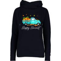 Happy Harvest Fall Season Pumpkin Truck Thanksgiving Vintage Womens Funnel Neck Pullover Hood