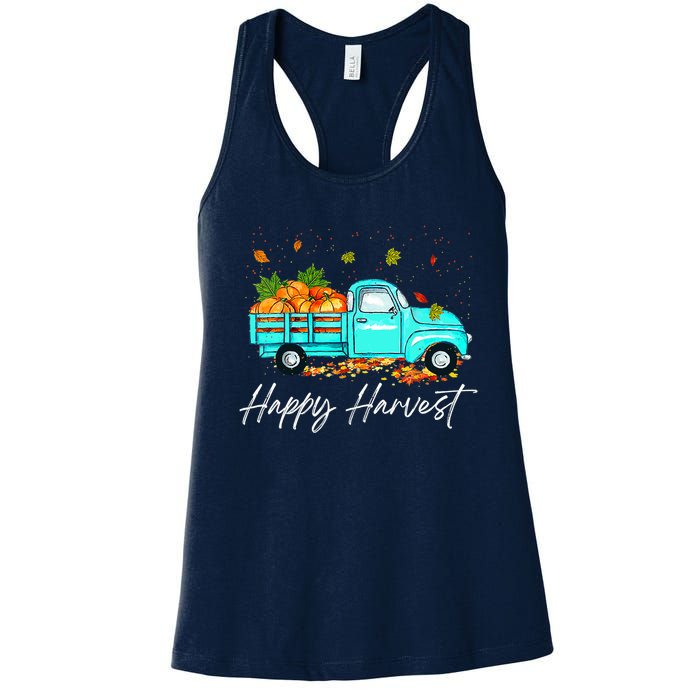 Happy Harvest Fall Season Pumpkin Truck Thanksgiving Vintage Women's Racerback Tank