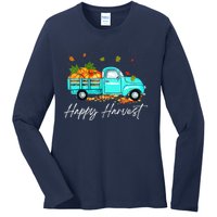 Happy Harvest Fall Season Pumpkin Truck Thanksgiving Vintage Ladies Long Sleeve Shirt