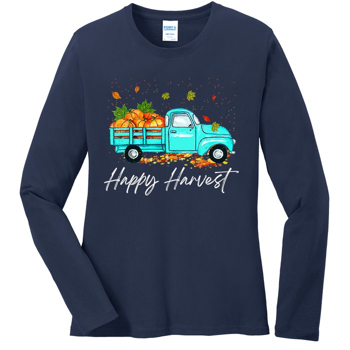 Happy Harvest Fall Season Pumpkin Truck Thanksgiving Vintage Ladies Long Sleeve Shirt