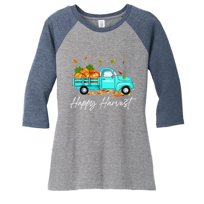 Happy Harvest Fall Season Pumpkin Truck Thanksgiving Vintage Women's Tri-Blend 3/4-Sleeve Raglan Shirt