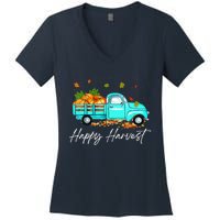 Happy Harvest Fall Season Pumpkin Truck Thanksgiving Vintage Women's V-Neck T-Shirt