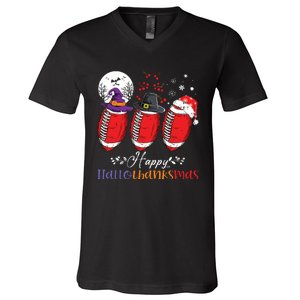 Happy Hallothanksmas Football Halloween Thanksgiving Xmas V-Neck T-Shirt