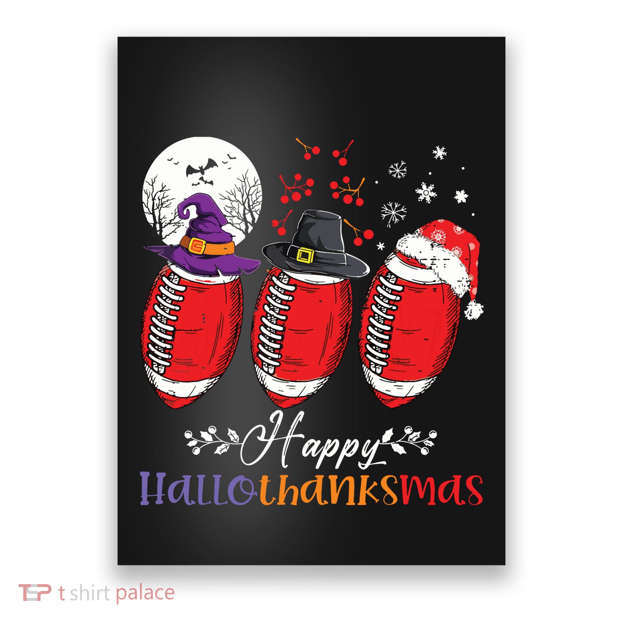Happy Hallothanksmas Football Halloween Thanksgiving Xmas Poster