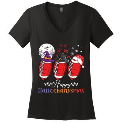 Happy Hallothanksmas Football Halloween Thanksgiving Xmas Women's V-Neck T-Shirt