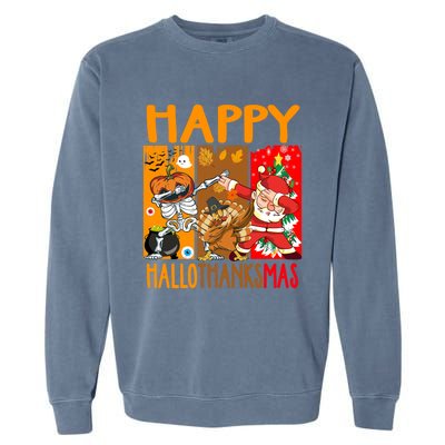 Happy Hallothanksmas Funny Skeleton Pumpkin Santa Dab Dance Cool Gift Garment-Dyed Sweatshirt