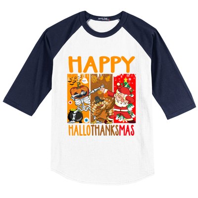 Happy Hallothanksmas Funny Skeleton Pumpkin Santa Dab Dance Cool Gift Baseball Sleeve Shirt