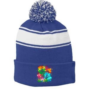 Happy Holi Festival Color Costume India Hindu Spring Funny Gift Stripe Pom Pom Beanie