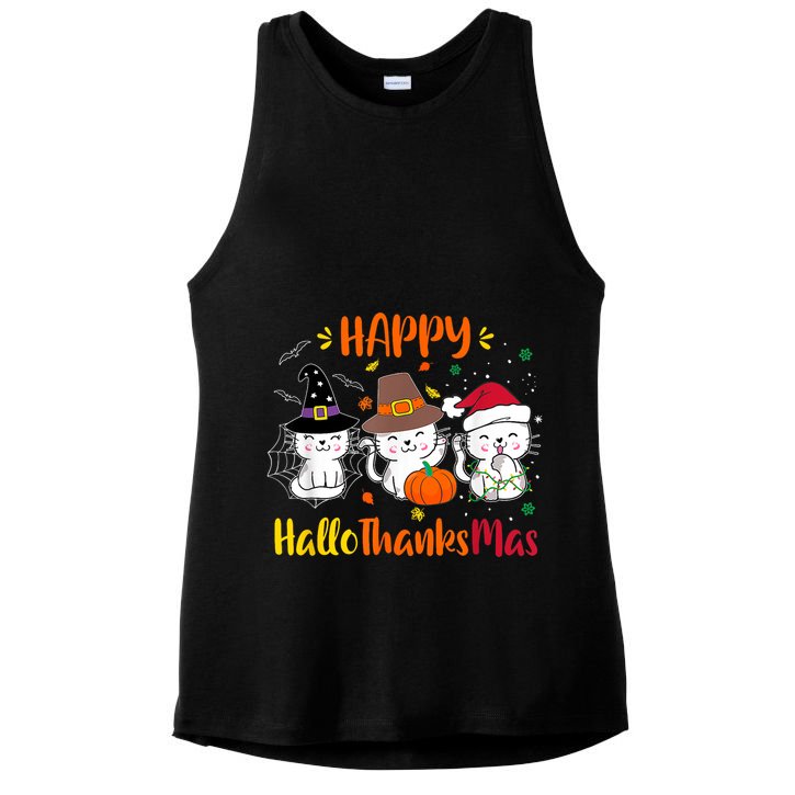 Happy Hallothanksmas Funny Cute Cats Ladies PosiCharge Tri-Blend Wicking Tank