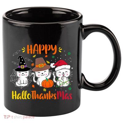 Happy Hallothanksmas Funny Cute Cats 11oz C Handle Ceramic Mug
