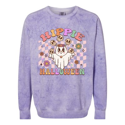 Hippie Halloween Floral Retro Groovy Ghost Costume Checkered Gift Colorblast Crewneck Sweatshirt