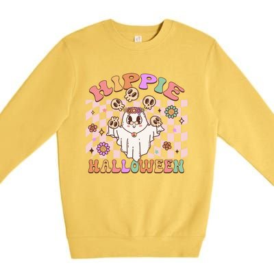 Hippie Halloween Floral Retro Groovy Ghost Costume Checkered Gift Premium Crewneck Sweatshirt