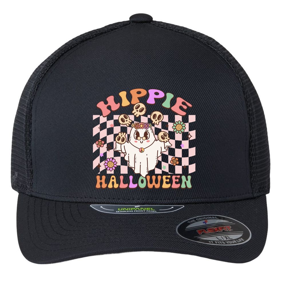 Hippie Halloween Floral Retro Groovy Ghost Costume Checkered Gift Flexfit Unipanel Trucker Cap