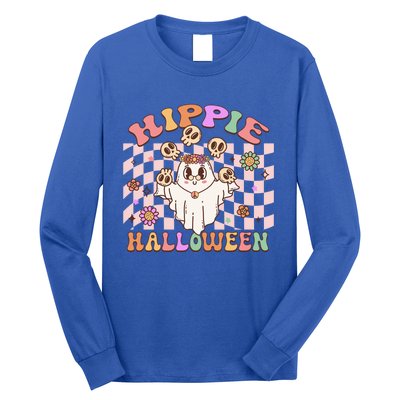 Hippie Halloween Floral Retro Groovy Ghost Costume Checkered Gift Long Sleeve Shirt