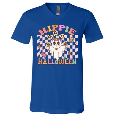 Hippie Halloween Floral Retro Groovy Ghost Costume Checkered Gift V-Neck T-Shirt