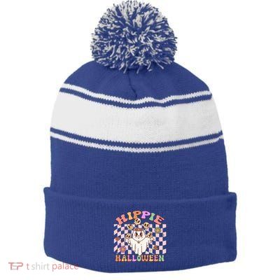 Hippie Halloween Floral Retro Groovy Ghost Costume Checkered Gift Stripe Pom Pom Beanie