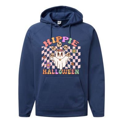 Hippie Halloween Floral Retro Groovy Ghost Costume Checkered Gift Performance Fleece Hoodie