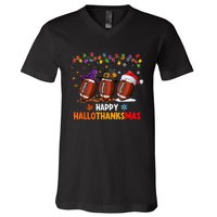 Happy Hallothanksmas Football Halloween Thanksgiving Xmas V-Neck T-Shirt