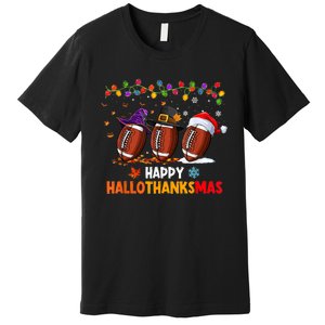 Happy Hallothanksmas Football Halloween Thanksgiving Xmas Premium T-Shirt