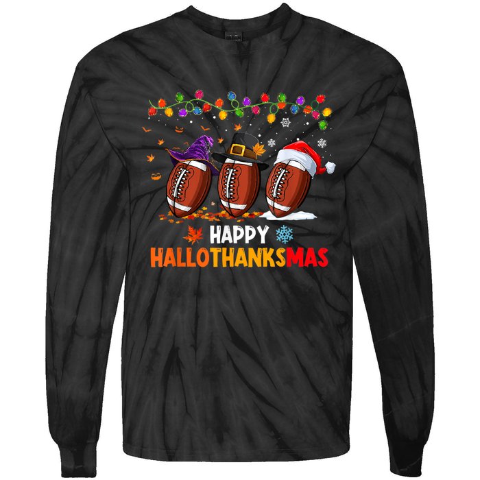 Happy Hallothanksmas Football Halloween Thanksgiving Xmas Tie-Dye Long Sleeve Shirt